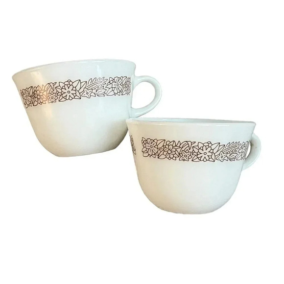 Vintage Pyrex Woodland Brown Floral Milk Glass Coffee/Tea Cups Set of 2 Flower - Picture 1 of 3